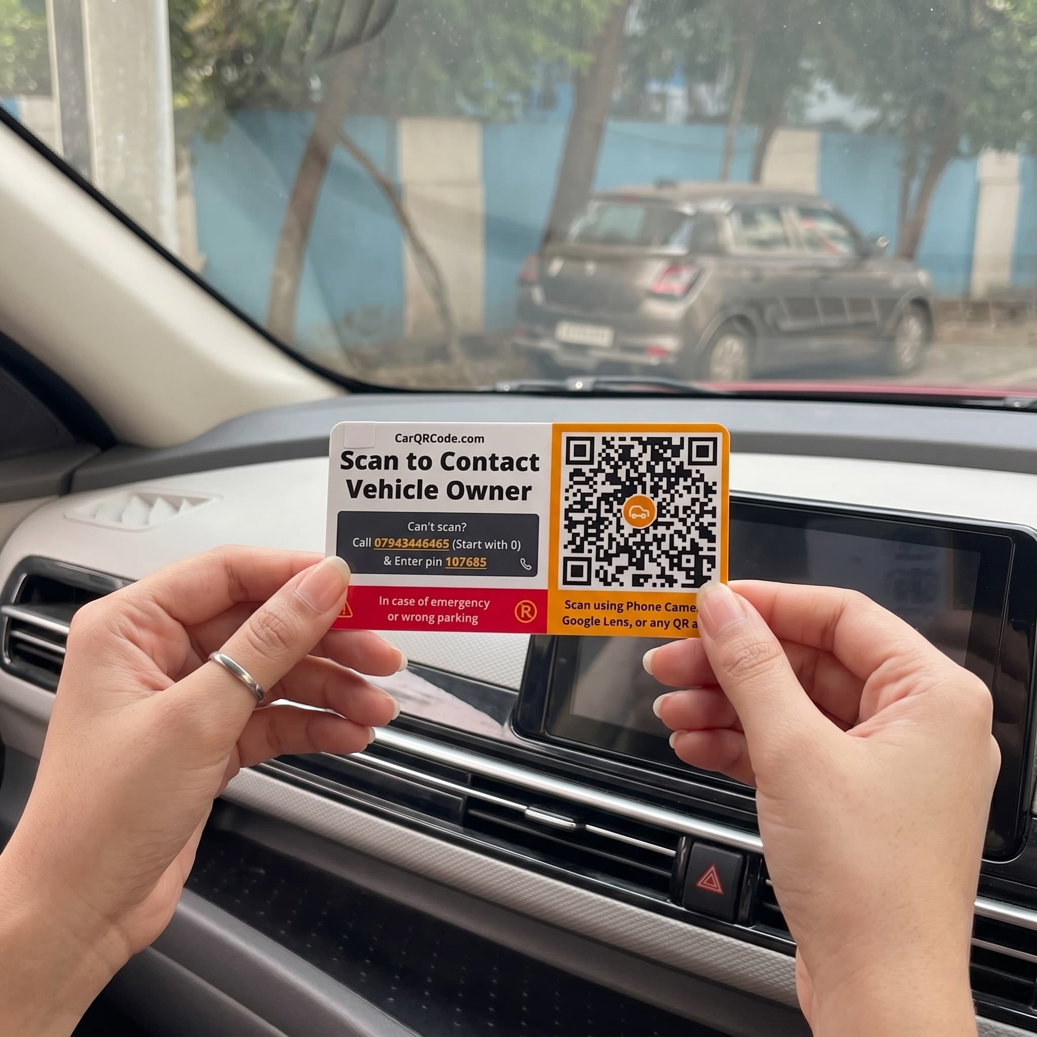 Car QR Code Sticker on windshield — scan to contact car owner instantly