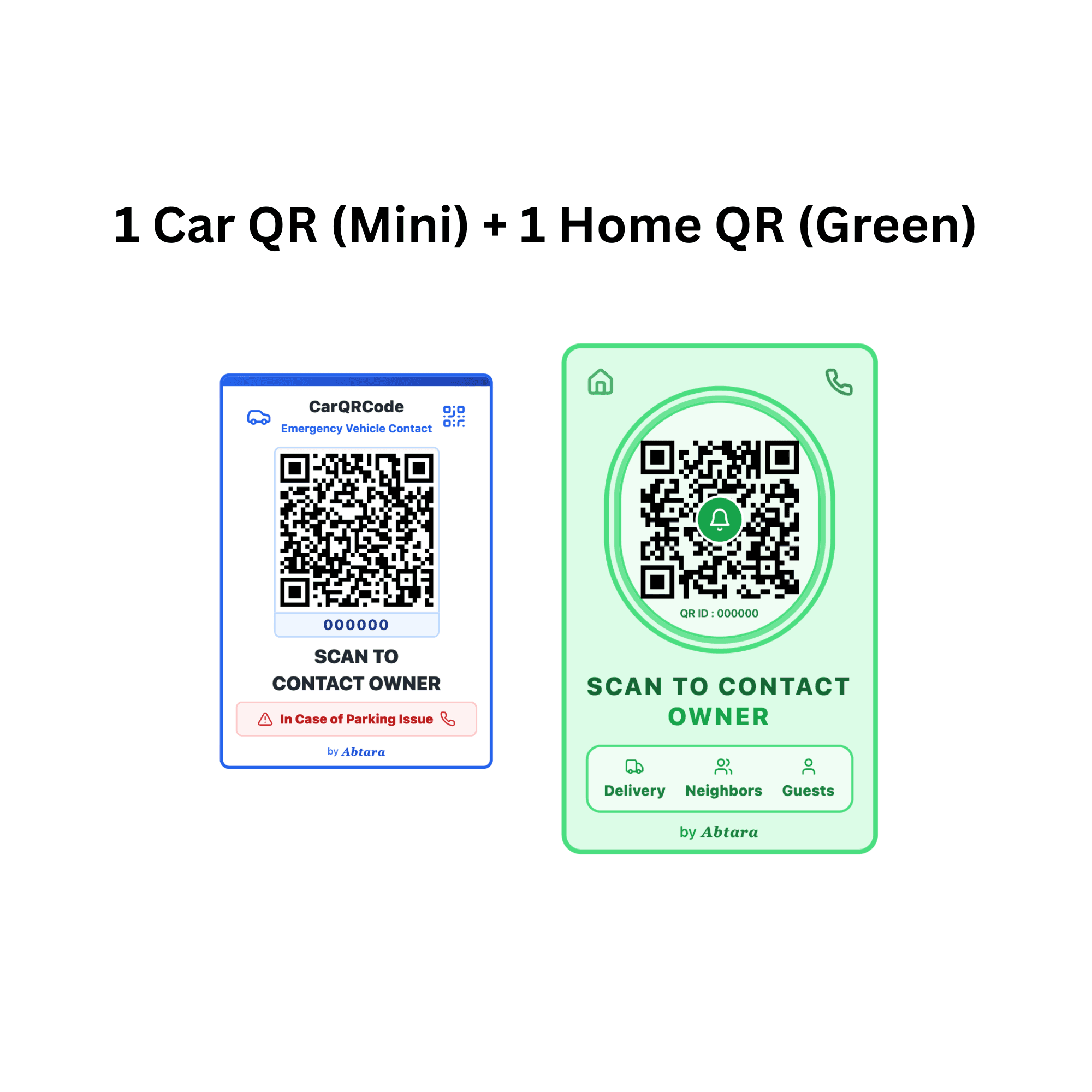 1 Car QR (Mini) + 1 Home QR (Green)